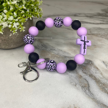 Silicone & Wood Bracelet Keychain - Religious, Jesus, Purple