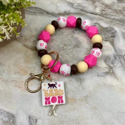 Wood & Silicone Bracelet Keychain - Cat Mom Pink Cream