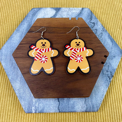 Wooden Dangle Earrings - Winter - Gingerbread Man