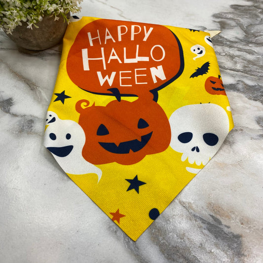 Dog Bandana - Halloween - Yellow Pumpkin Ghost Skull MNC