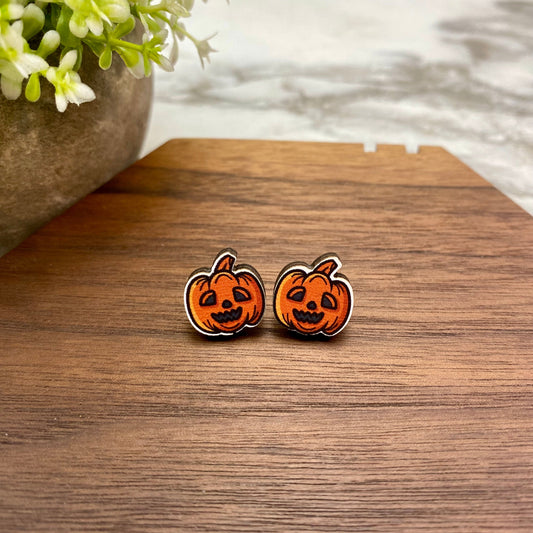 Wooden Stud Earrings - Halloween - Happy Pumpkin