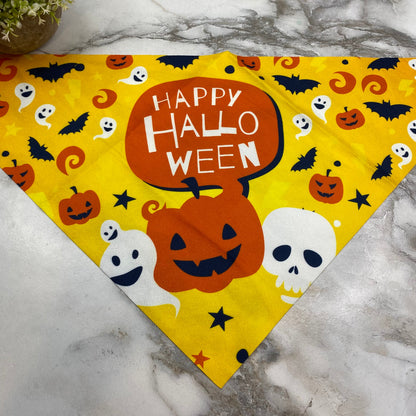 Dog Bandana - Halloween - Yellow Pumpkin Ghost Skull MNC