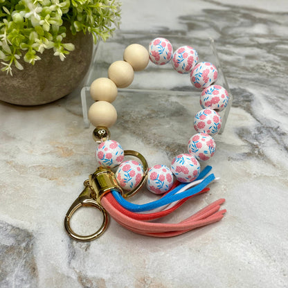 Wood Bracelet with Tassel Keychain - Pink Blue Floral