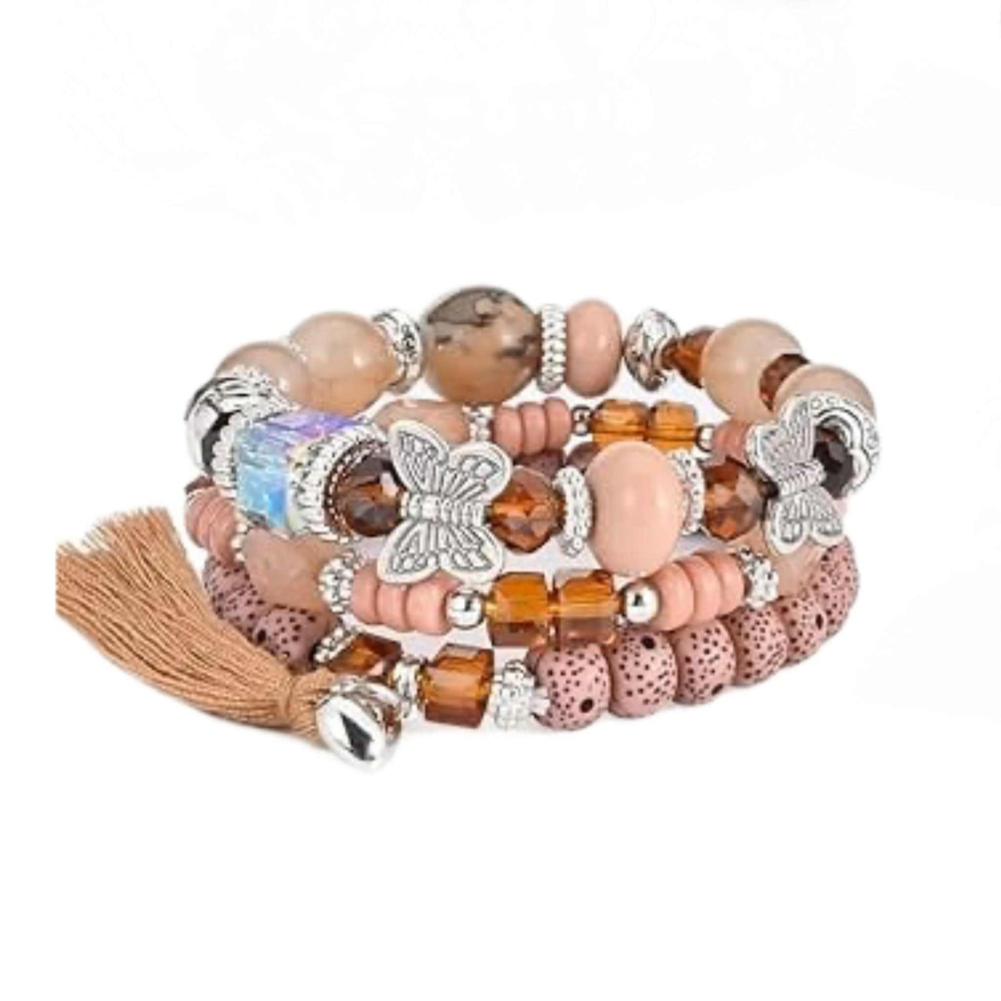 Boho 109 Multi-layer Silver Butterfly and Tassel Beaded Bracelet MN