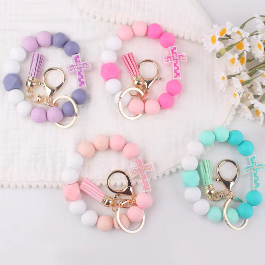 Silicone Bracelet Keychain - Floral Cross