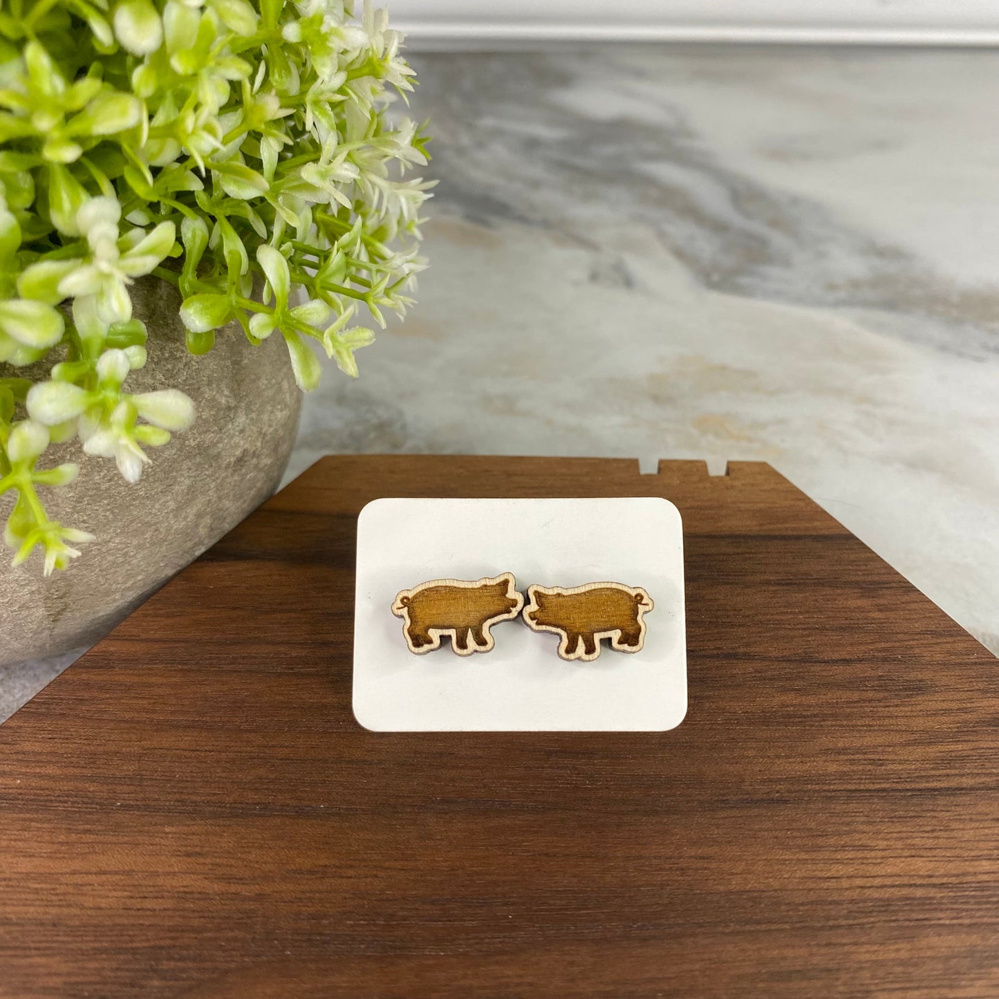 Wooden Stud Earrings - Pig