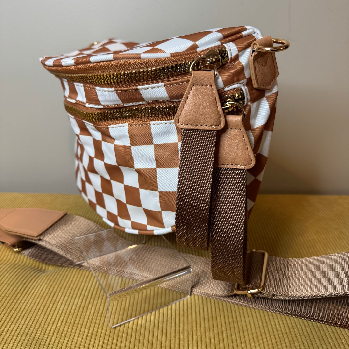The Roni Nylon Crossbody - Checkered Camel - PREORDER