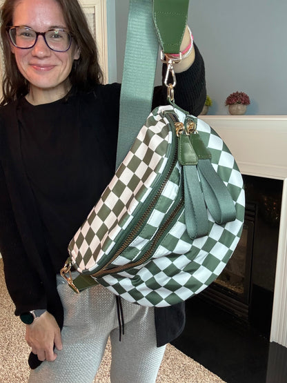 Roni - Checkered - Nylon Crossbody - Dark Green - PREORDER
