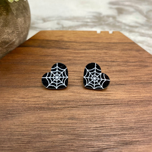 Acrylic Stud Earrings - Halloween - Spider Web Hearts