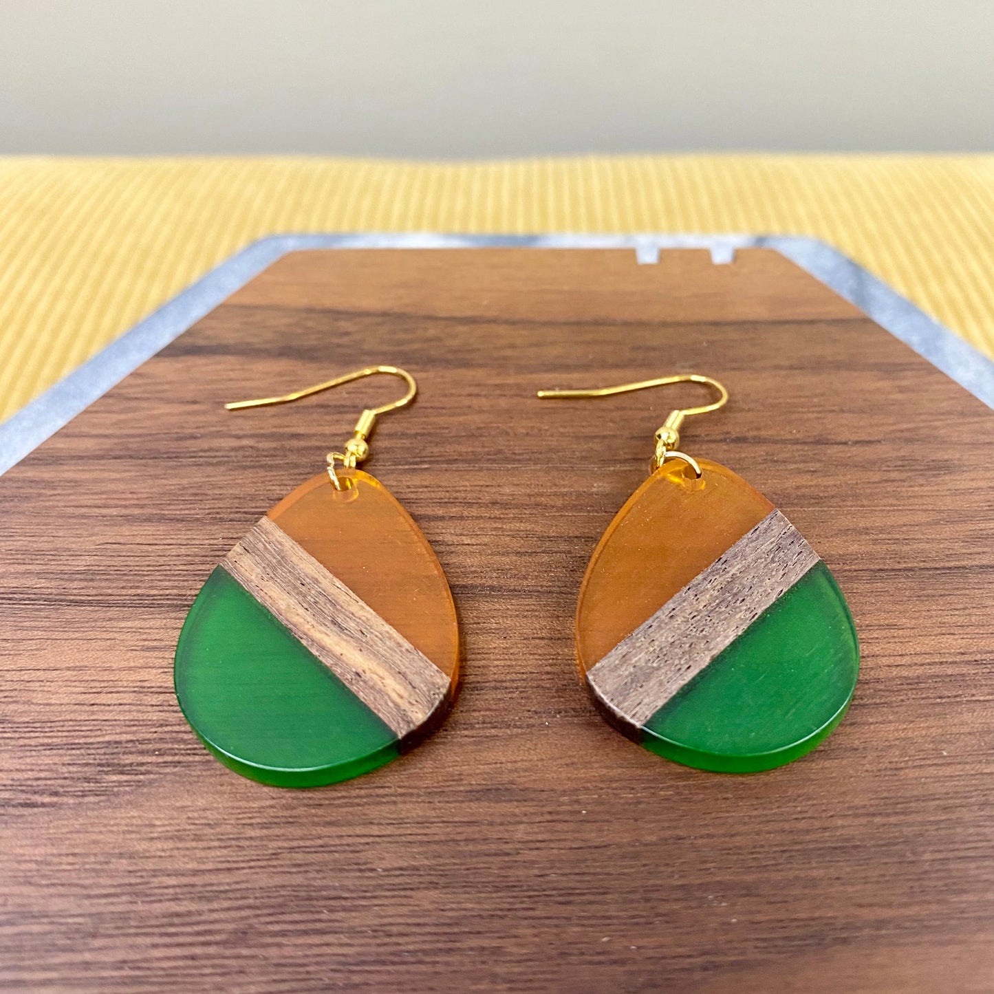 Dangle Earring - Wood & Acrylic - Clear Yellow Green Wood