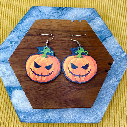 Wooden Dangle Earrings - Pumpkin Face-Fall