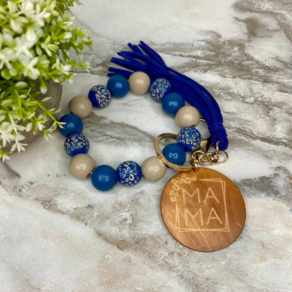 Wooden Bead Bracelet Keychain - Mama - Blue & Beige