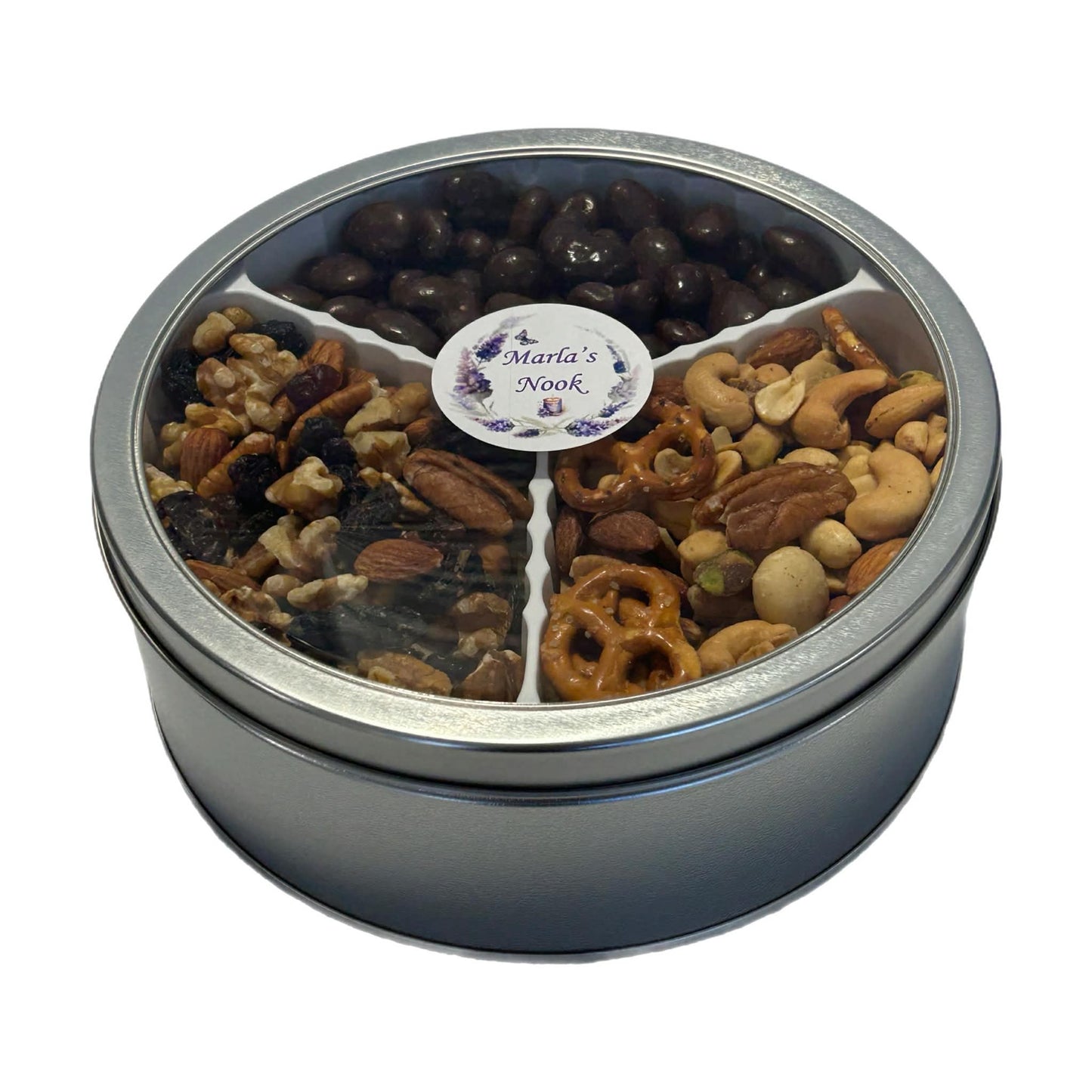 Dark Chocolate Bridge Mix, Nuts & Berries Mix, & Party Mix Gift Tin 2 lbs