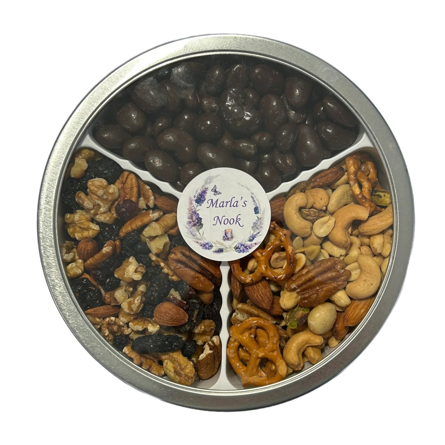 Dark Chocolate Bridge Mix, Nuts & Berries Mix, & Party Mix Gift Tin 2 lbs