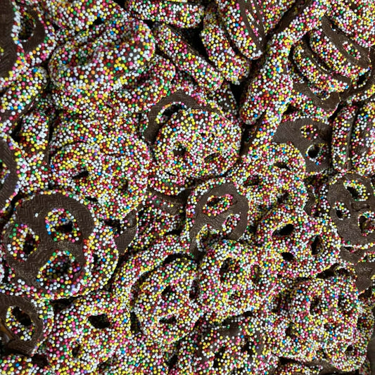Dark Chocolate Covered Pretzels with Sprinkles
