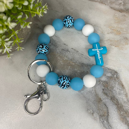Silicone & Wood Bracelet Keychain - Religious, Jesus, Light Blue