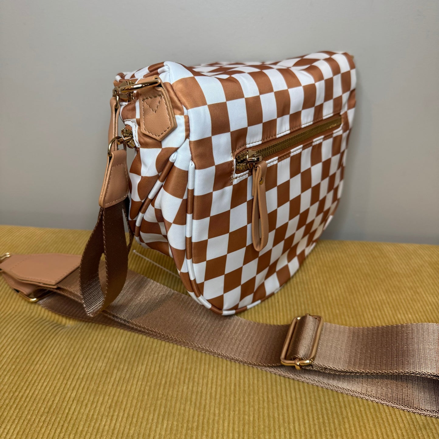 The Roni Nylon Crossbody - Checkered Camel - PREORDER