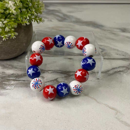 Wood Bracelet Keychain - Americana - Fourth Of July - Red, White, & Blue