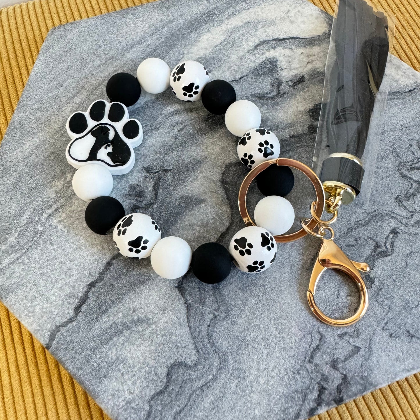 Silicone / Wood Bracelet Keychain - Paw B&W MNC