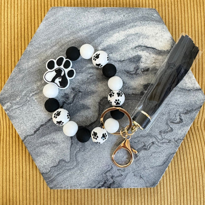 Silicone / Wood Bracelet Keychain - Paw B&W MNC