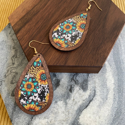 Wooden Teardrop Cutout Earrings - Turquoise Sunflower