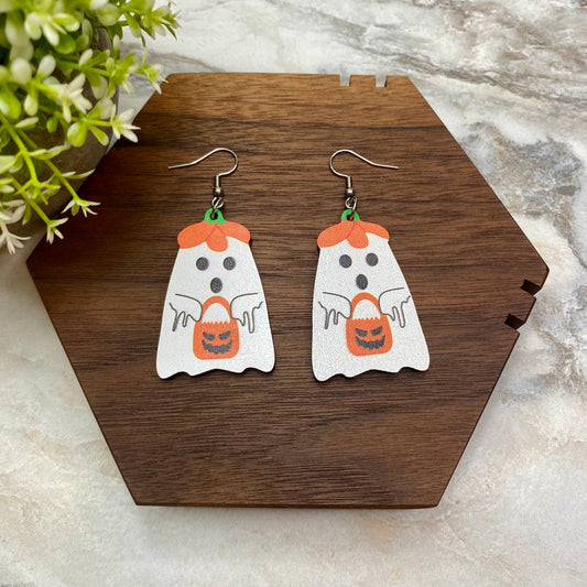 Wooden Dangle Earrings - Halloween - Ghost Pumpkin Hat Bag