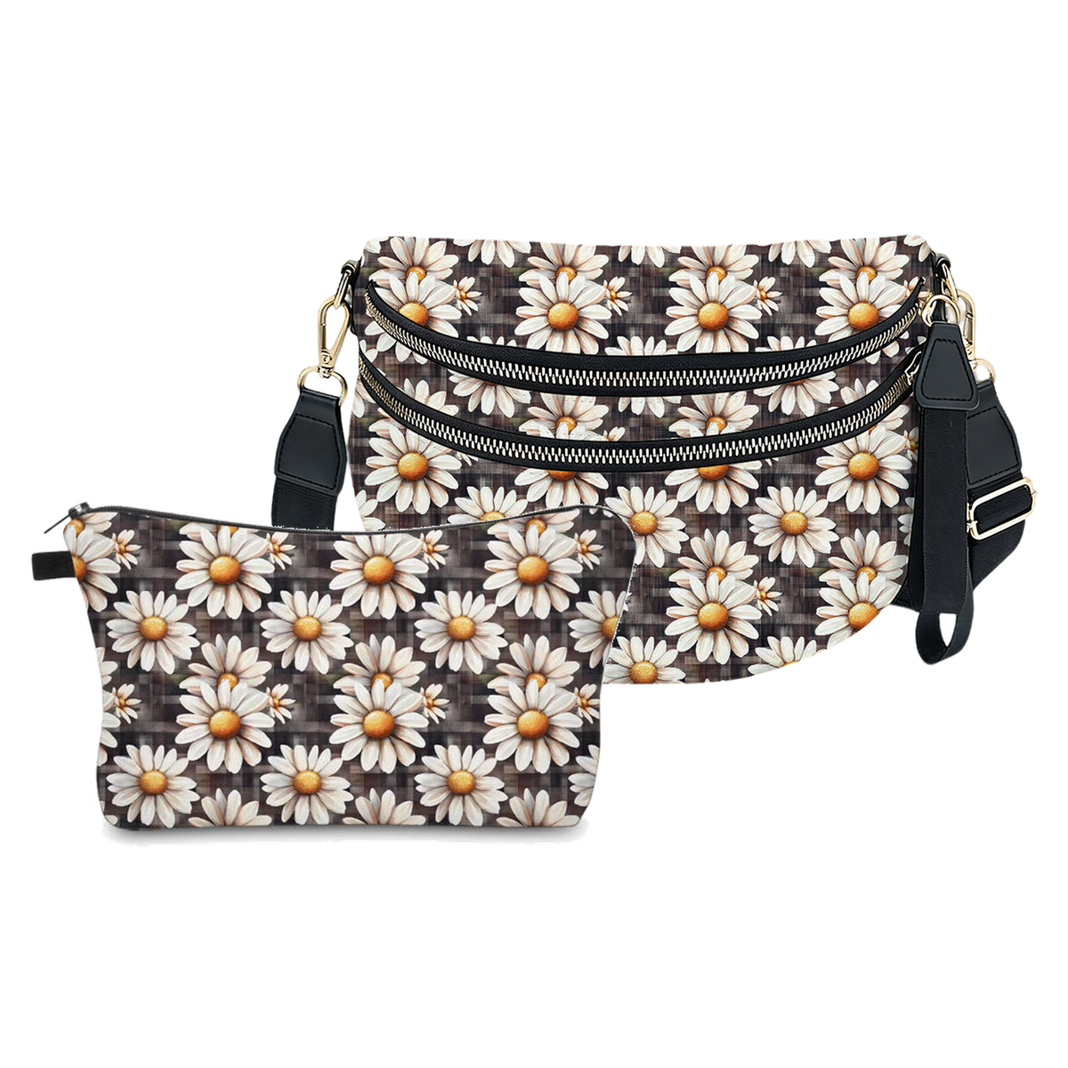 Bundled Set - Roni & Pouch - Floral Daisy Brown Gingham