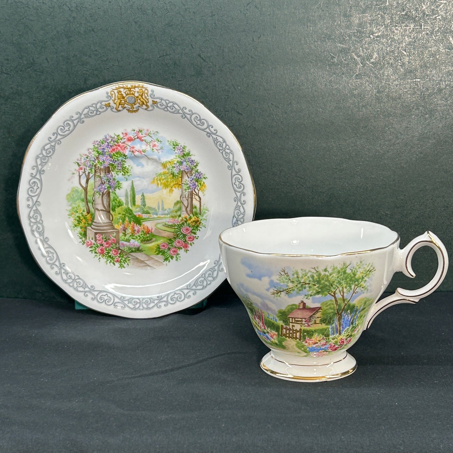 Queen Anne England Vintage Royal Kew Gardens Rose Floral Scene Teacup and Saucer