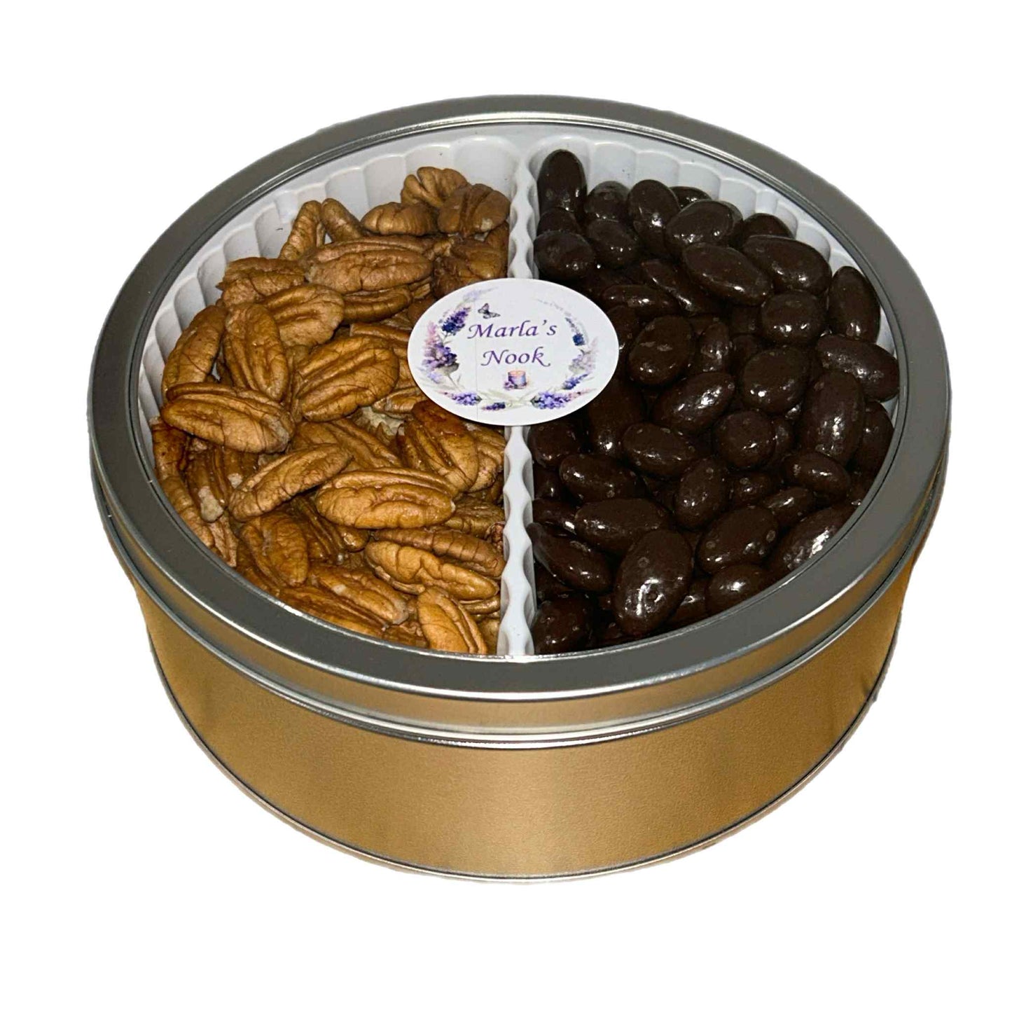 Mammoth Pecans & Dark Chocolate Almonds Gift Tin 2 lb