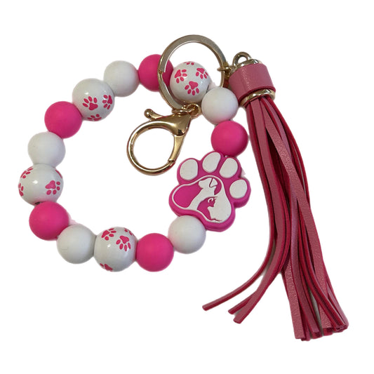 Silicone / Wood Bracelet Keychain - Paw Pink & White MNC